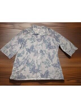 American Sweetheart Blue & White Butterflies 3/4 Sleeve Top Size XL